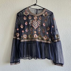 Floral Embroidered Navy Blouse